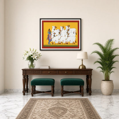 Immerse yourself in the divine presence of Krishna as he guides a serene procession of sacred cows, for Entrance