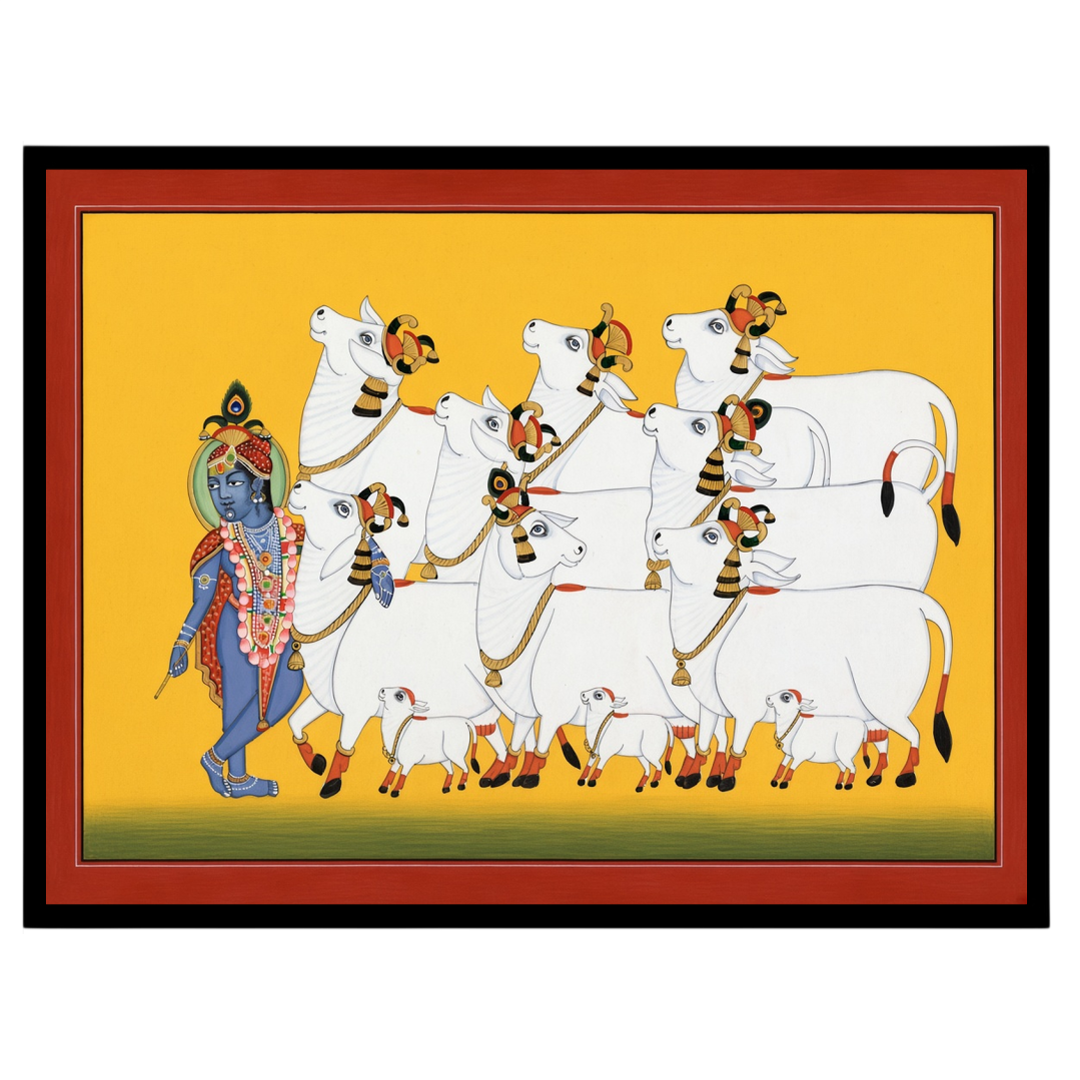 Immerse yourself in the divine presence of Krishna as he guides a serene procession of sacred cows, for haven