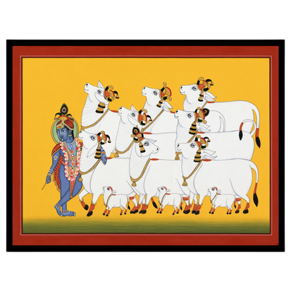Immerse yourself in the divine presence of Krishna as he guides a serene procession of sacred cows, for haven