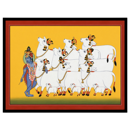 Immerse yourself in the divine presence of Krishna as he guides a serene procession of sacred cows, for haven
