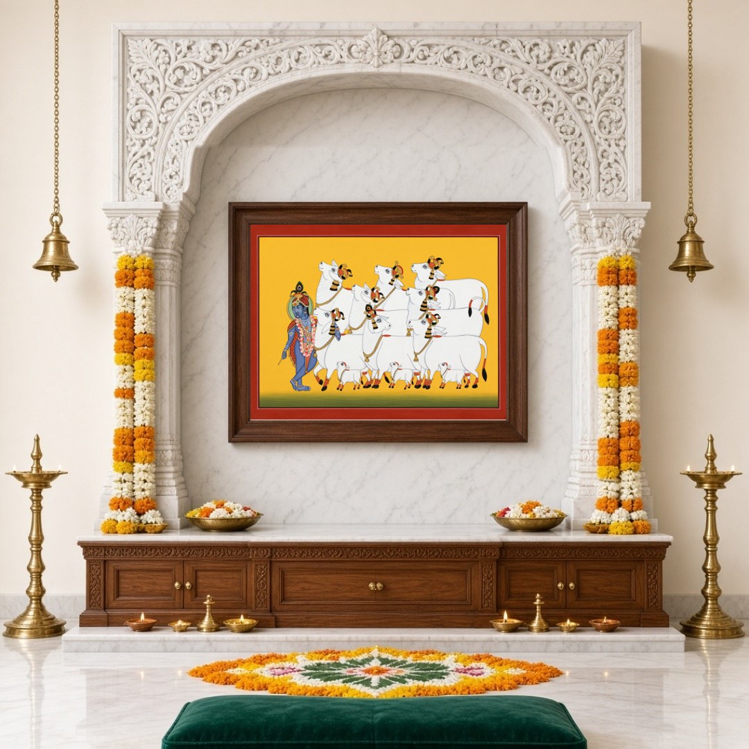 Immerse yourself in the divine presence of Krishna as he guides a serene procession of sacred cows, for Home Temple