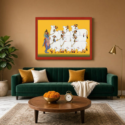 Immerse yourself in the divine presence of Krishna as he guides a serene procession of sacred cows, for Living Room