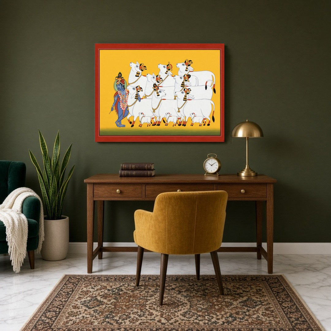 Immerse yourself in the divine presence of Krishna as he guides a serene procession of sacred cows, for Study