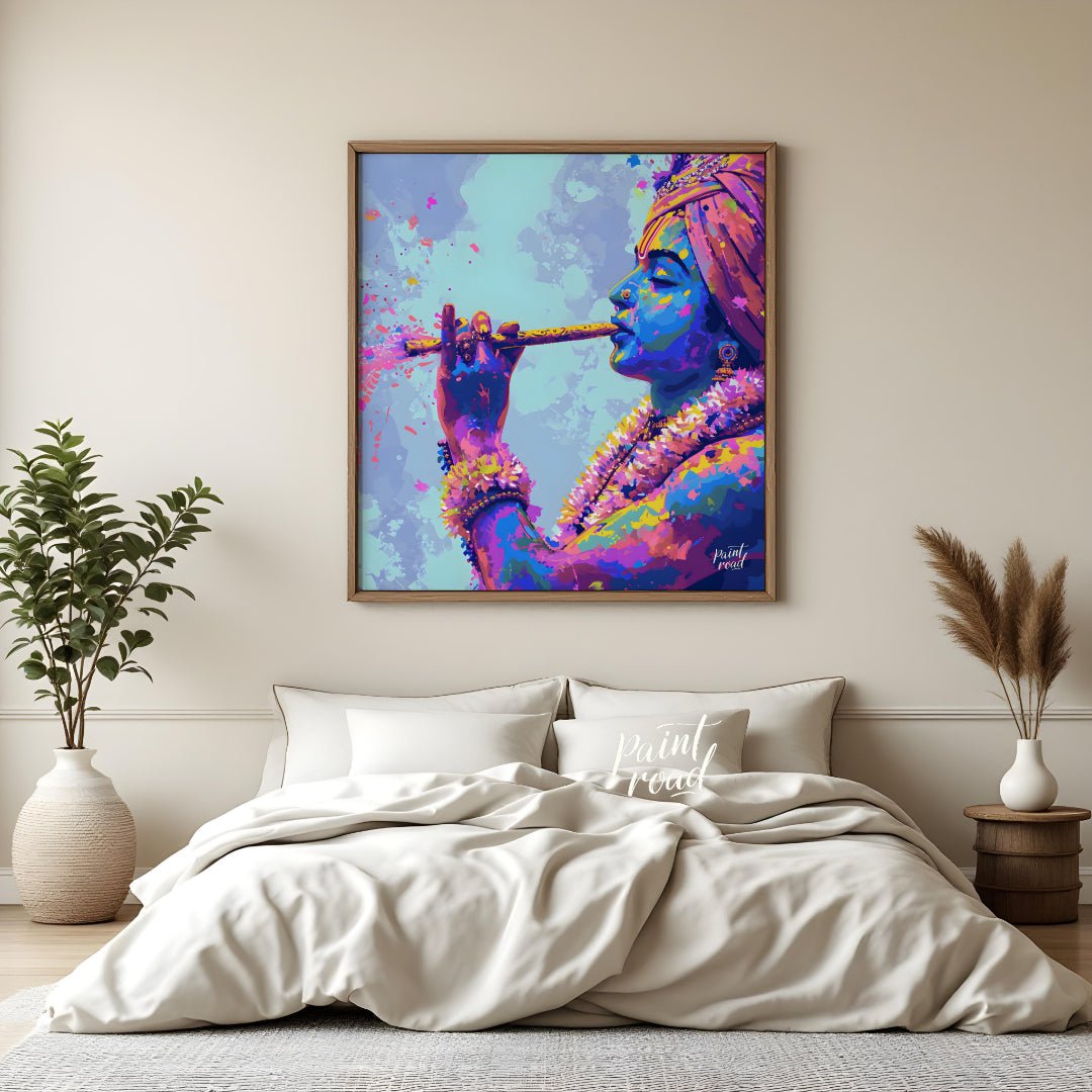 This vibrant art depicts the Hindu god Krishna playing his flute, the vibrant hues of Holi explodin… for bedroom