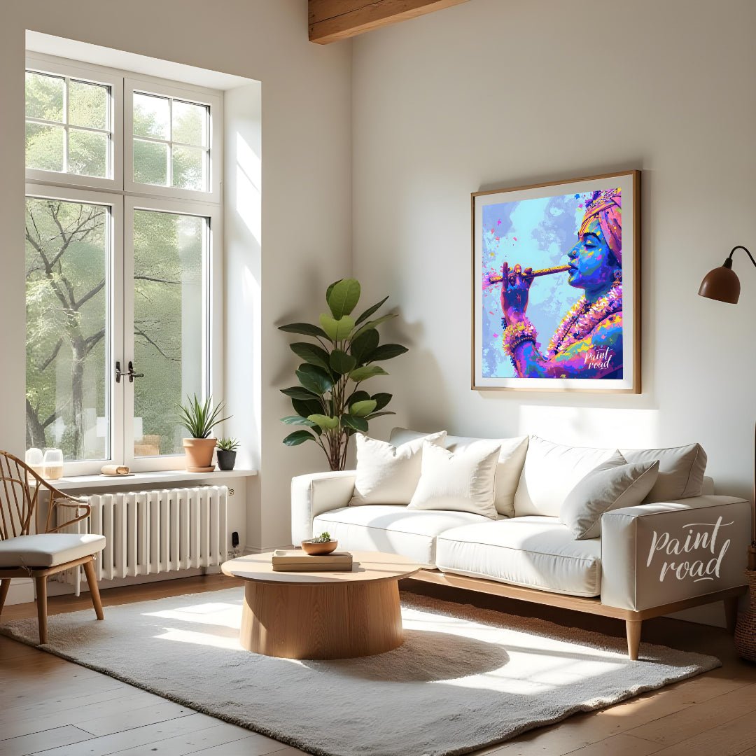 This vibrant art depicts the Hindu god Krishna playing his flute, the vibrant hues of Holi explodin… for living room