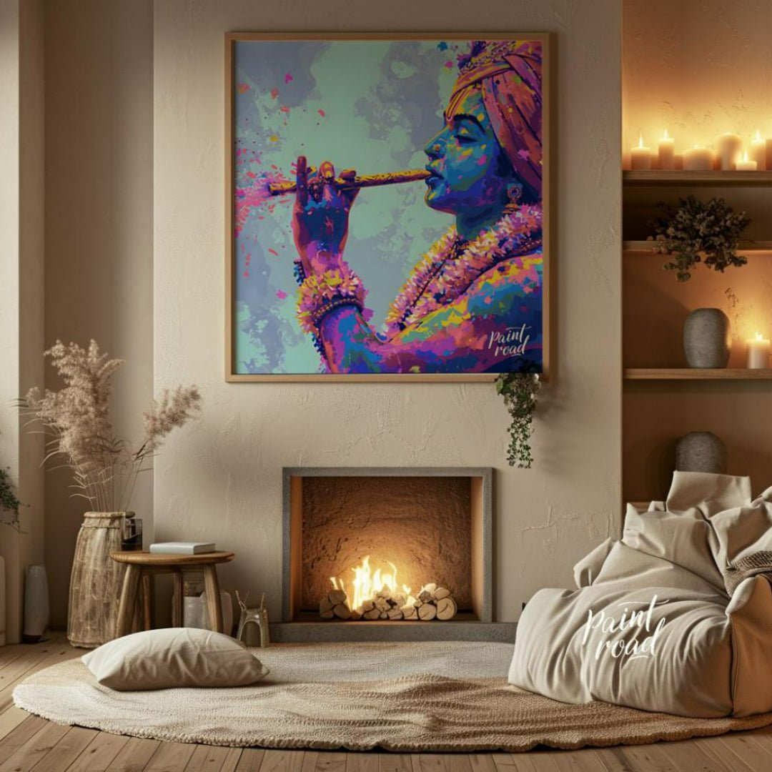 This vibrant art depicts the Hindu god Krishna playing his flute, the vibrant hues of Holi explodin… for living room