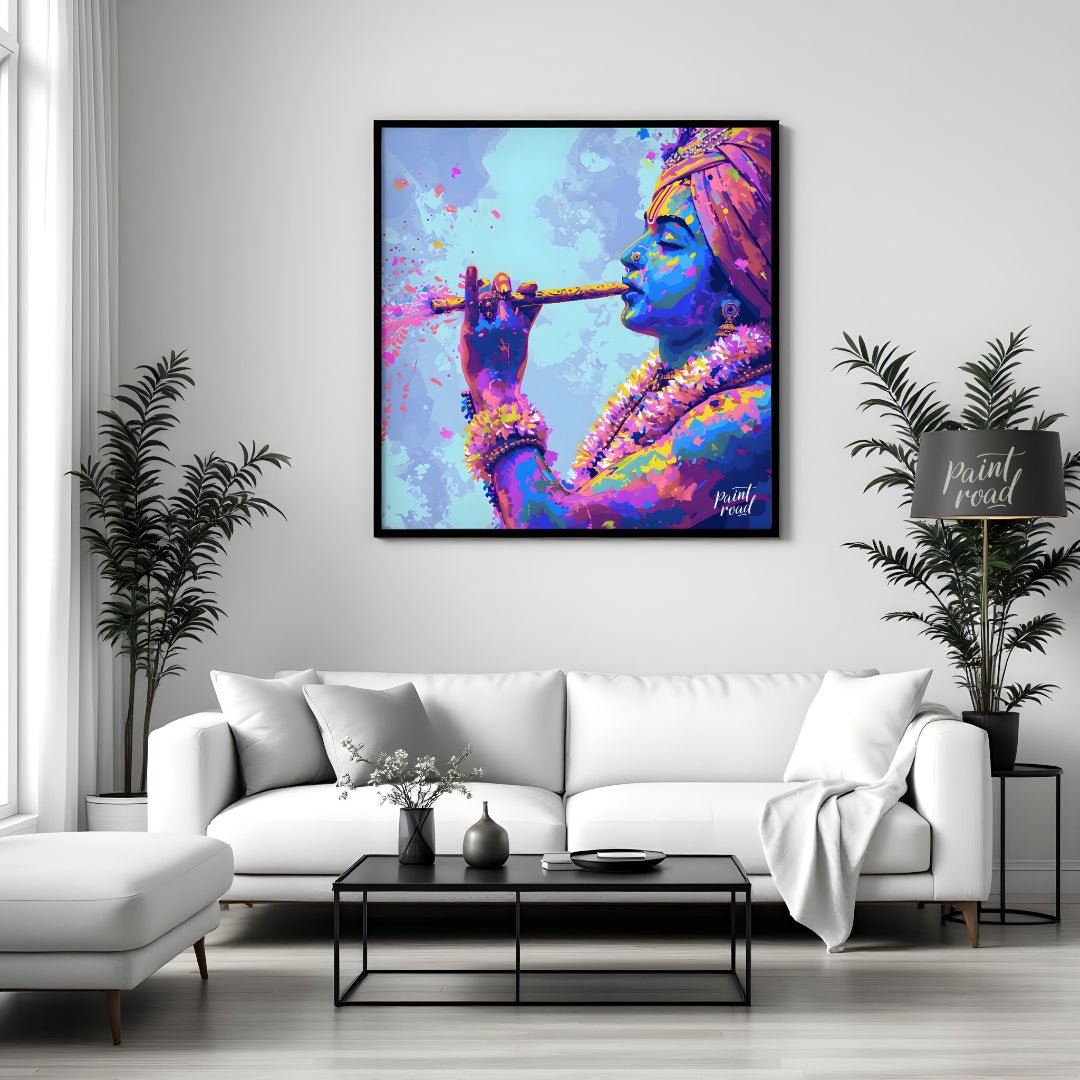 This vibrant art depicts the Hindu god Krishna playing his flute, the vibrant hues of Holi explodin… for living room