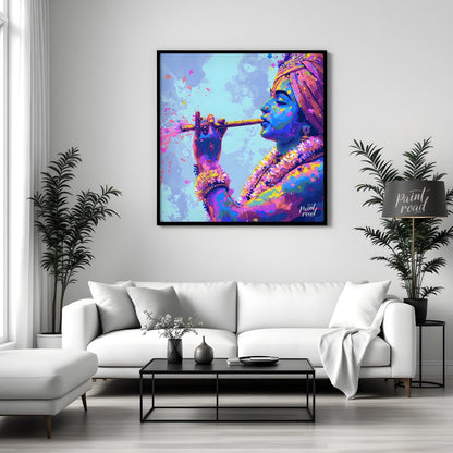 This vibrant art depicts the Hindu god Krishna playing his flute, the vibrant hues of Holi explodin… for living room