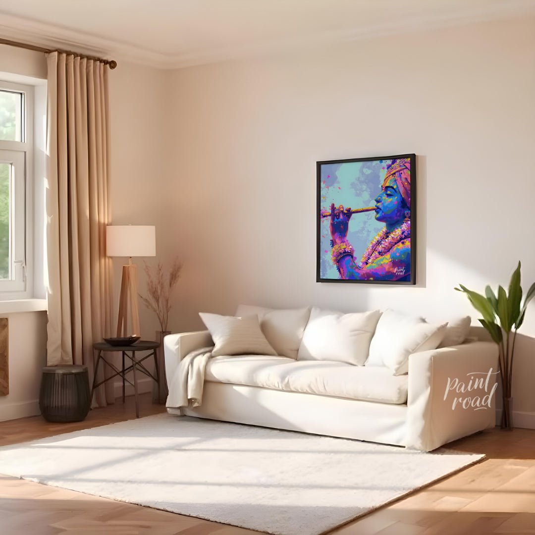 This vibrant art depicts the Hindu god Krishna playing his flute, the vibrant hues of Holi explodin… for living room