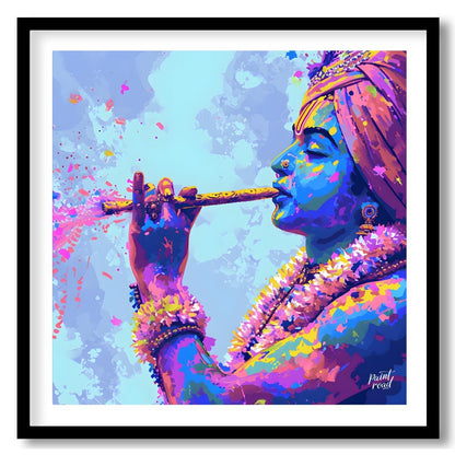 This vibrant art depicts the Hindu god Krishna playing his flute, the vibrant hues of Holi explodin… for room