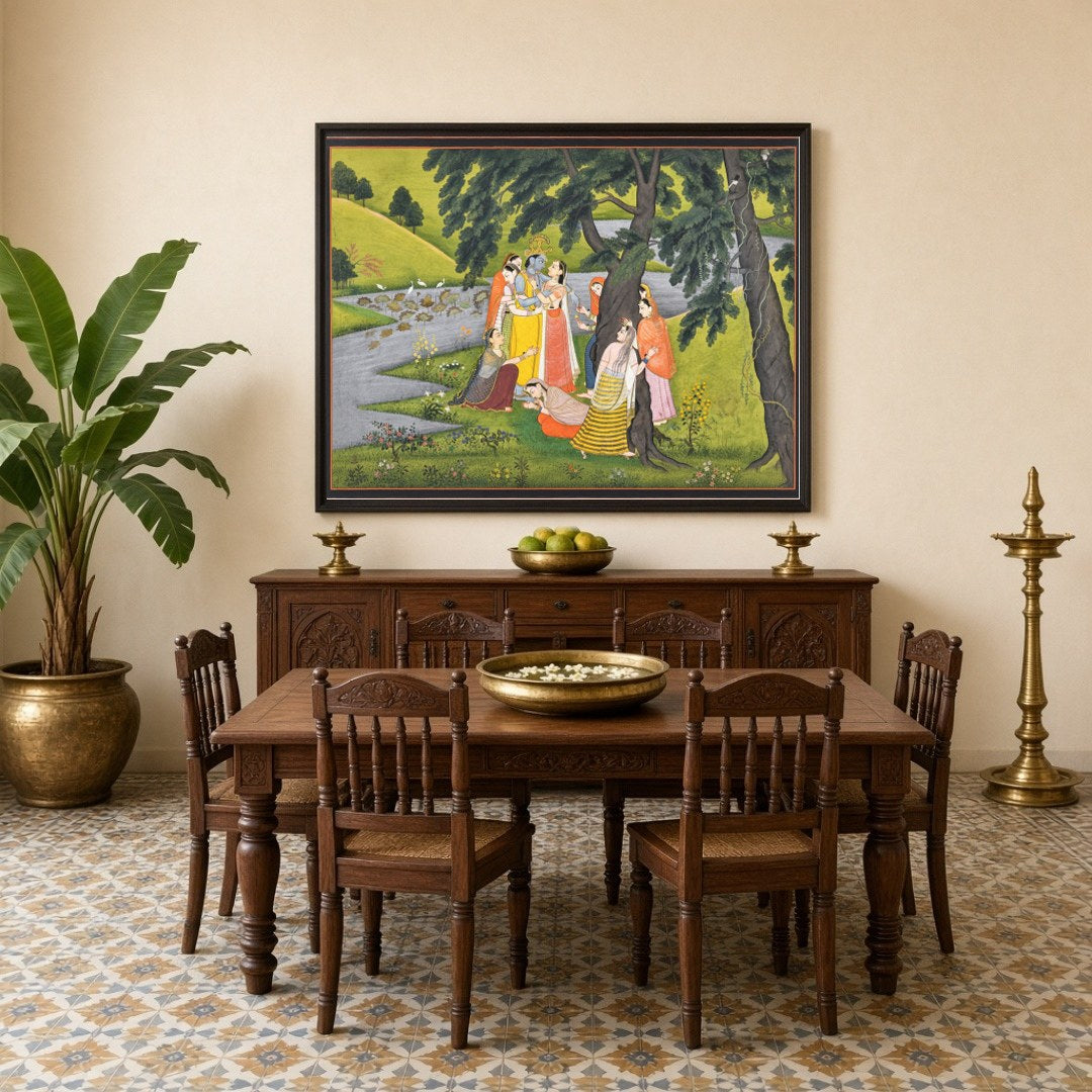 Experience the divine charm of Krishna with this exquisite Pichwai artwork, depicting the Lord for Dining