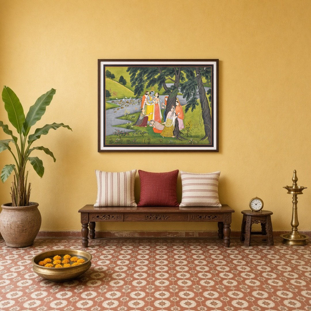 Experience the divine charm of Krishna with this exquisite Pichwai artwork, depicting the Lord for Entrance