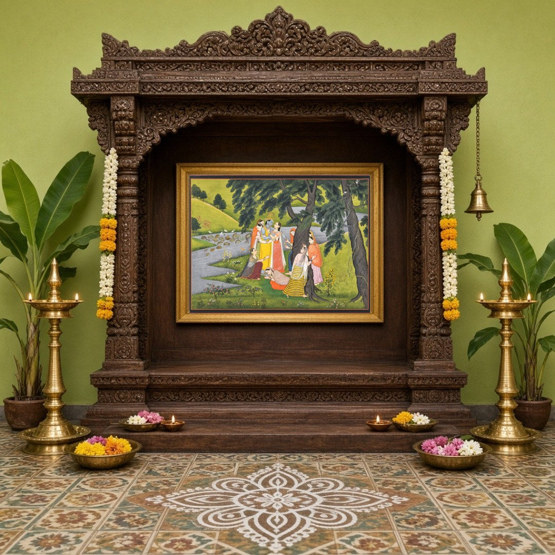 Experience the divine charm of Krishna with this exquisite Pichwai artwork, depicting the Lord for Home Temple