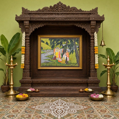 Experience the divine charm of Krishna with this exquisite Pichwai artwork, depicting the Lord for Home Temple