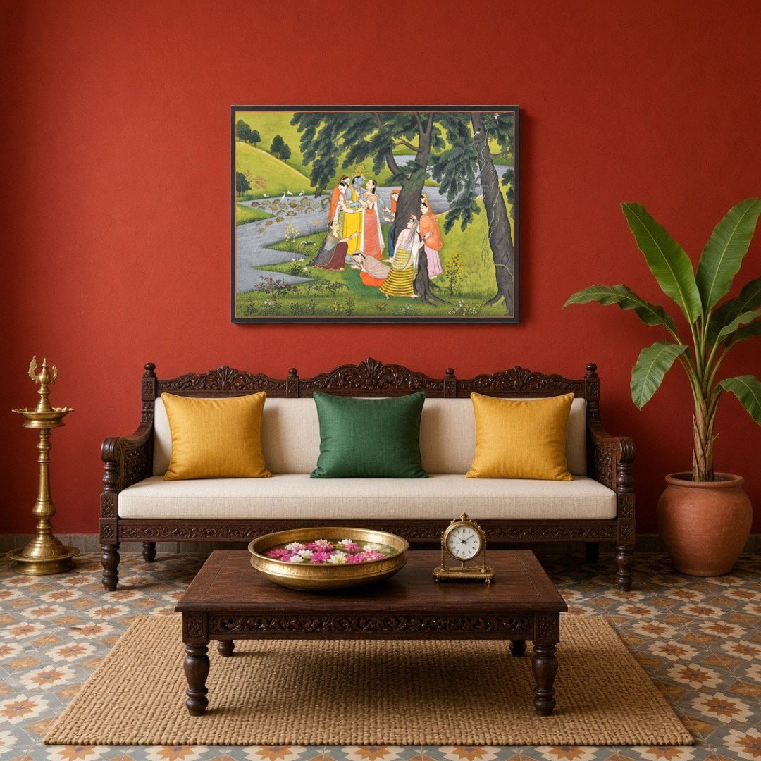 Experience the divine charm of Krishna with this exquisite Pichwai artwork, depicting the Lord for Living Room