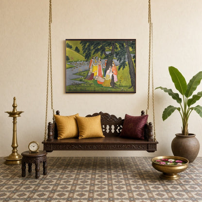 Experience the divine charm of Krishna with this exquisite Pichwai artwork, depicting the Lord for Sitting Lounge