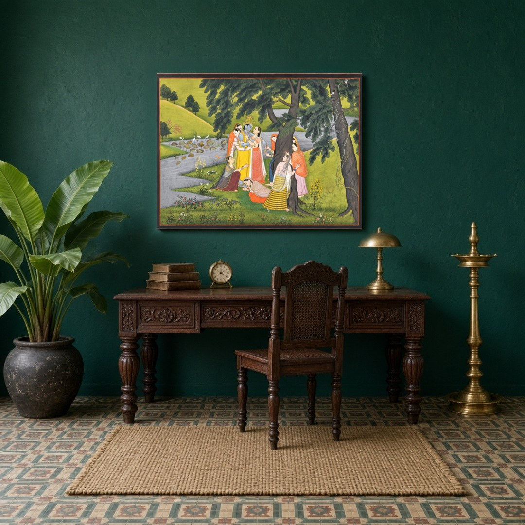 Experience the divine charm of Krishna with this exquisite Pichwai artwork, depicting the Lord for Study