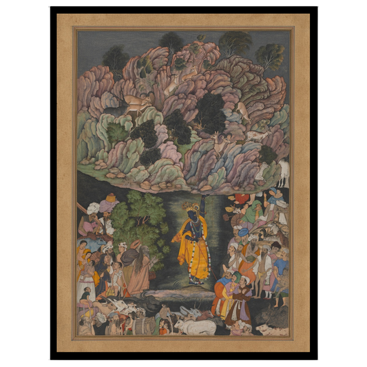 Experience the vibrant storytelling of Krishna's divine act with this breathtaking Pichwai artwork. for house