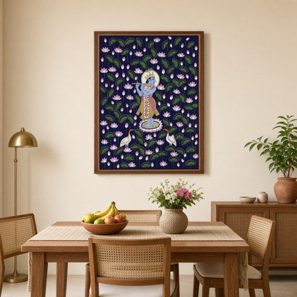 Immerse yourself in the tranquil beauty of Pichwai art with this enchanting portrayal of Lord for Dining