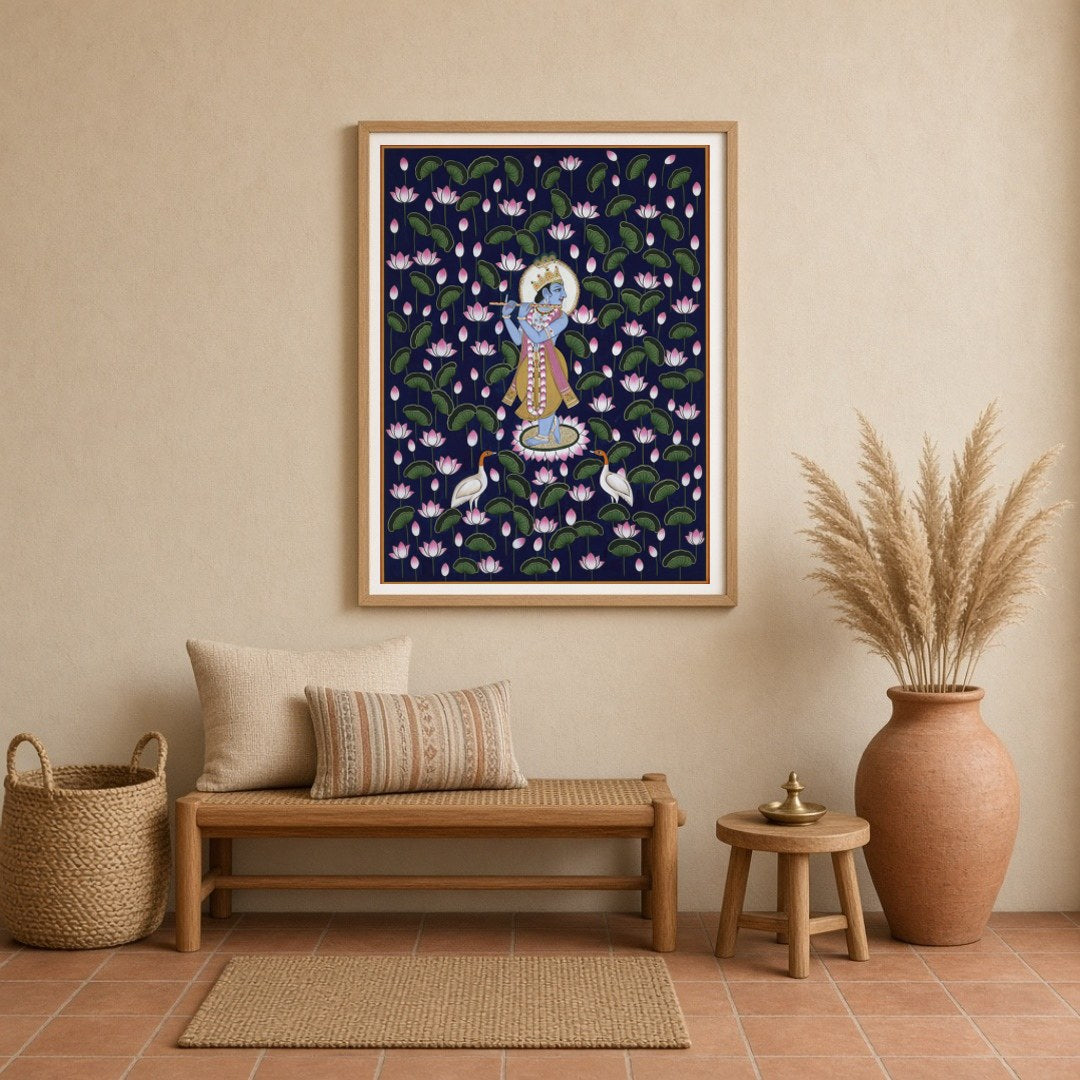 Immerse yourself in the tranquil beauty of Pichwai art with this enchanting portrayal of Lord for Entrance