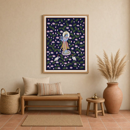 Immerse yourself in the tranquil beauty of Pichwai art with this enchanting portrayal of Lord for Entrance