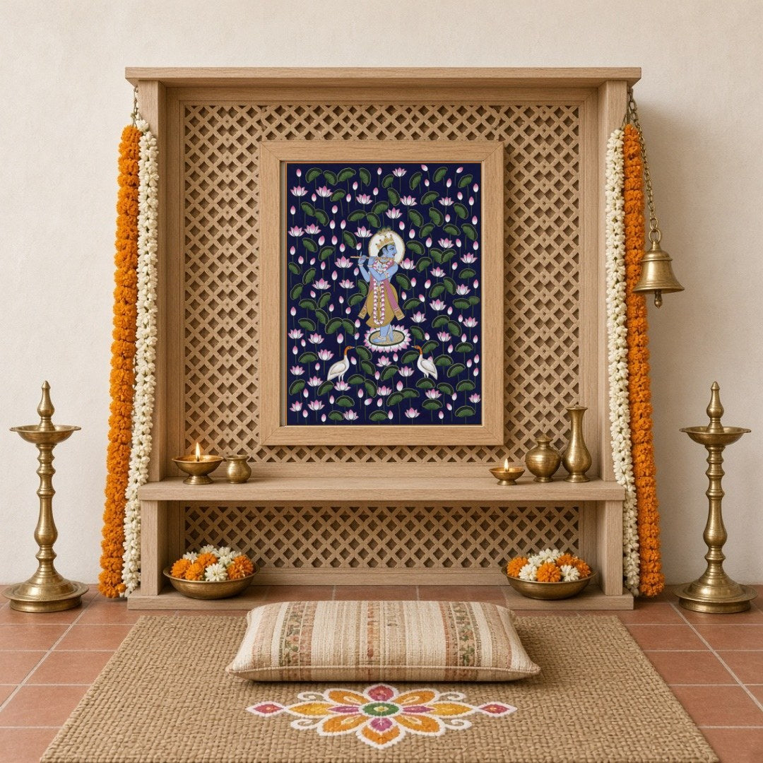 Immerse yourself in the tranquil beauty of Pichwai art with this enchanting portrayal of Lord for Home Temple