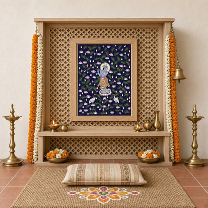 Immerse yourself in the tranquil beauty of Pichwai art with this enchanting portrayal of Lord for Home Temple