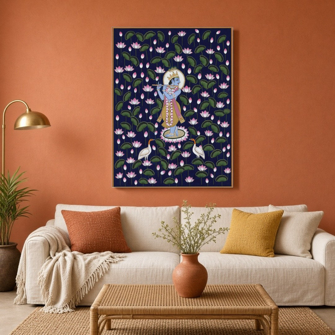 Immerse yourself in the tranquil beauty of Pichwai art with this enchanting portrayal of Lord for Living Room