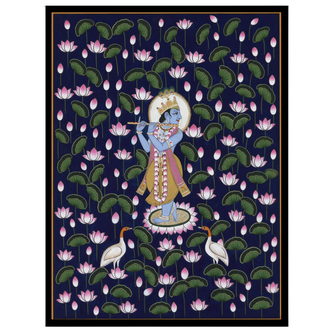 Immerse yourself in the tranquil beauty of Pichwai art with this enchanting portrayal of Lord for sanctuary
