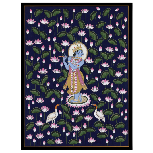 Immerse yourself in the tranquil beauty of Pichwai art with this enchanting portrayal of Lord for sanctuary