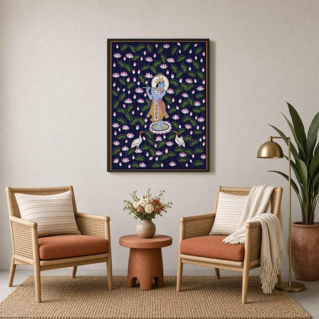 Immerse yourself in the tranquil beauty of Pichwai art with this enchanting portrayal of Lord for Sitting Lounge