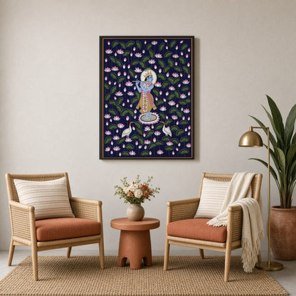Immerse yourself in the tranquil beauty of Pichwai art with this enchanting portrayal of Lord for Sitting Lounge