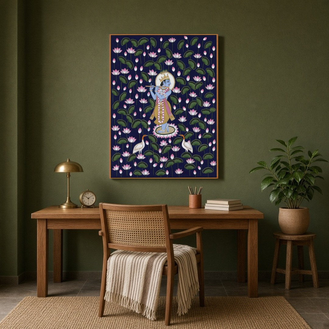 Immerse yourself in the tranquil beauty of Pichwai art with this enchanting portrayal of Lord for Study