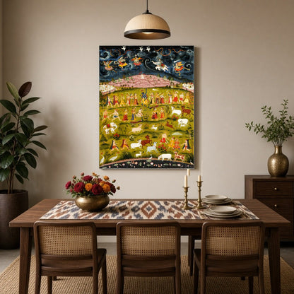 Immerse yourself in the mystical world of Indian mythology with this stunning Pichwai art depicting for Dining