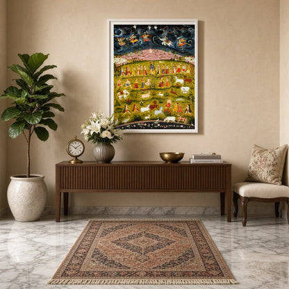 Immerse yourself in the mystical world of Indian mythology with this stunning Pichwai art depicting for Entrance