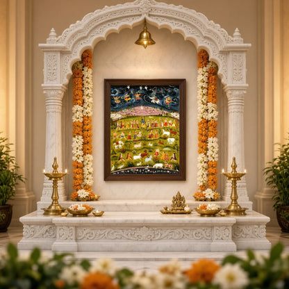 Immerse yourself in the mystical world of Indian mythology with this stunning Pichwai art depicting for Home Temple