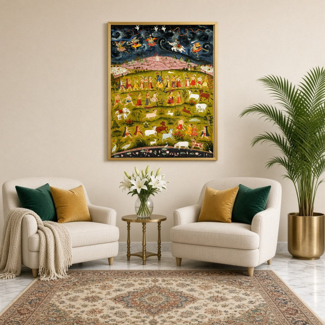 Immerse yourself in the mystical world of Indian mythology with this stunning Pichwai art depicting for Sitting Lounge