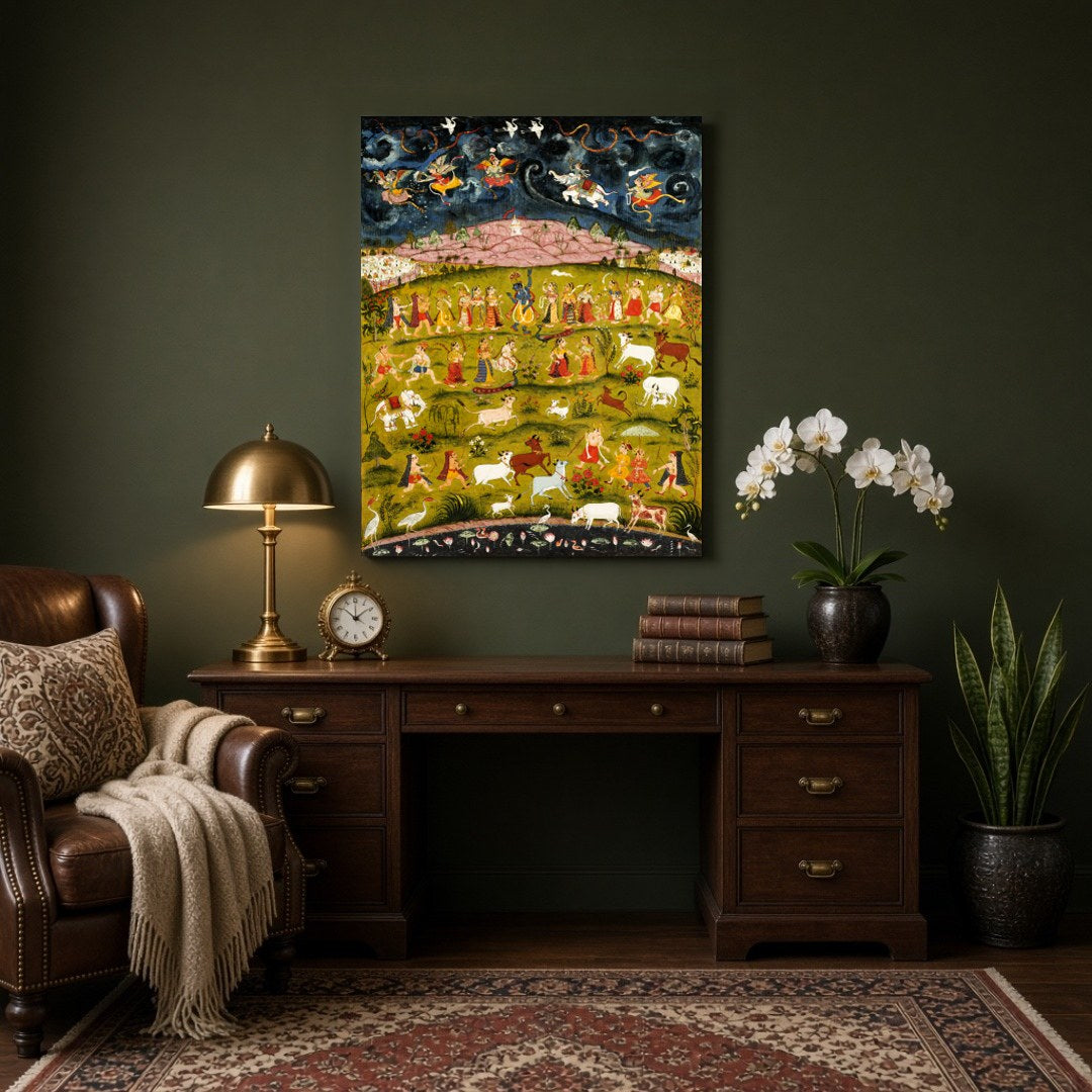 Immerse yourself in the mystical world of Indian mythology with this stunning Pichwai art depicting for Study