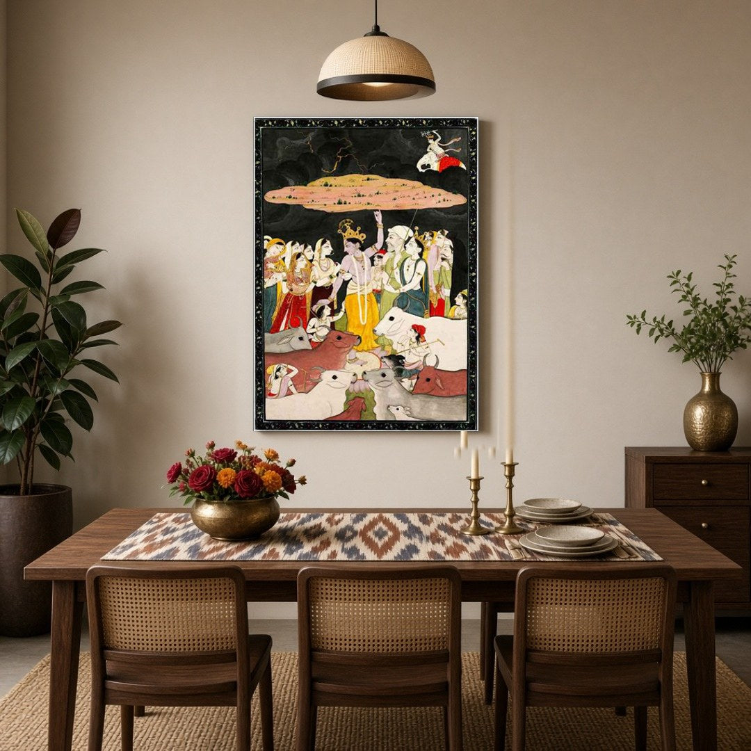 Immerse in the divine narrative of Krishna offering protection, as beautifully captured in this for Dining