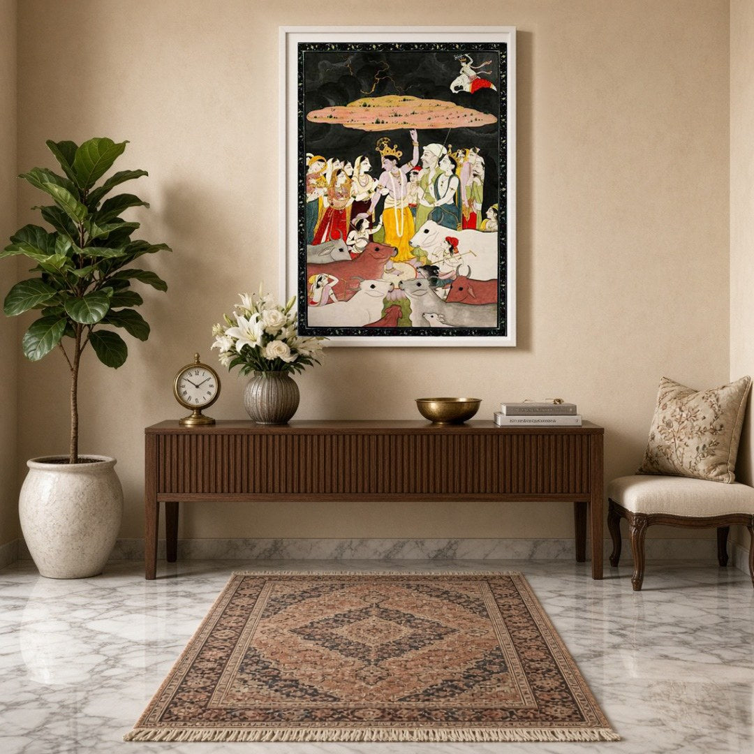 Immerse in the divine narrative of Krishna offering protection, as beautifully captured in this for Entrance