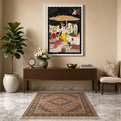Immerse in the divine narrative of Krishna offering protection, as beautifully captured in this for Entrance
