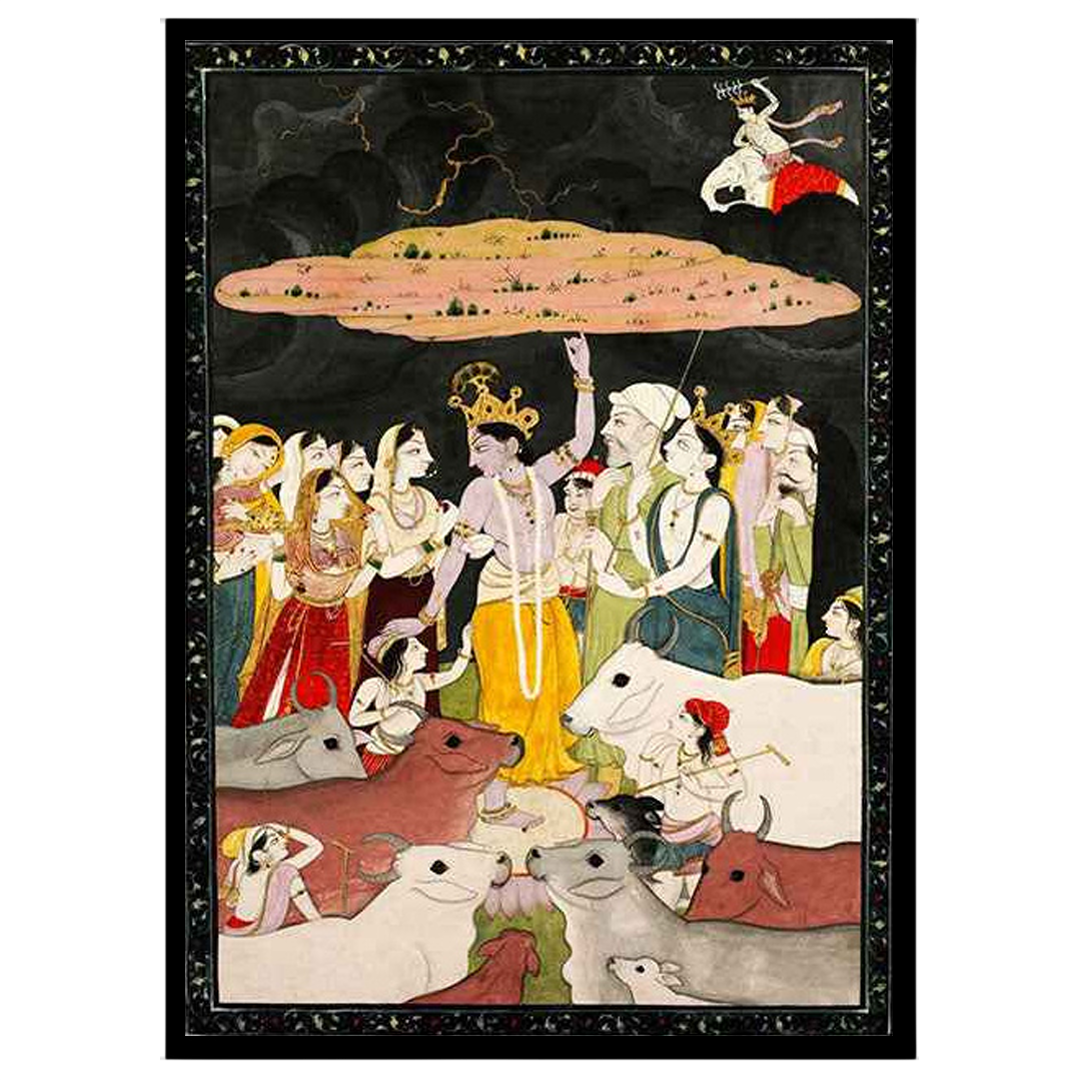 Immerse in the divine narrative of Krishna offering protection, as beautifully captured in this for gallery