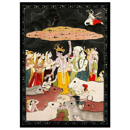 Immerse in the divine narrative of Krishna offering protection, as beautifully captured in this for gallery