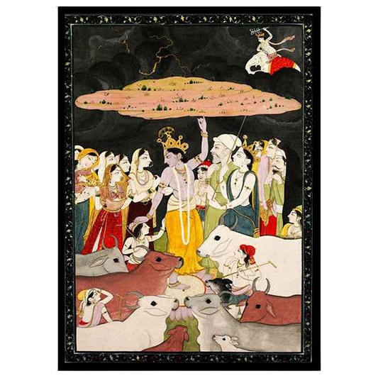 Immerse in the divine narrative of Krishna offering protection, as beautifully captured in this for gallery