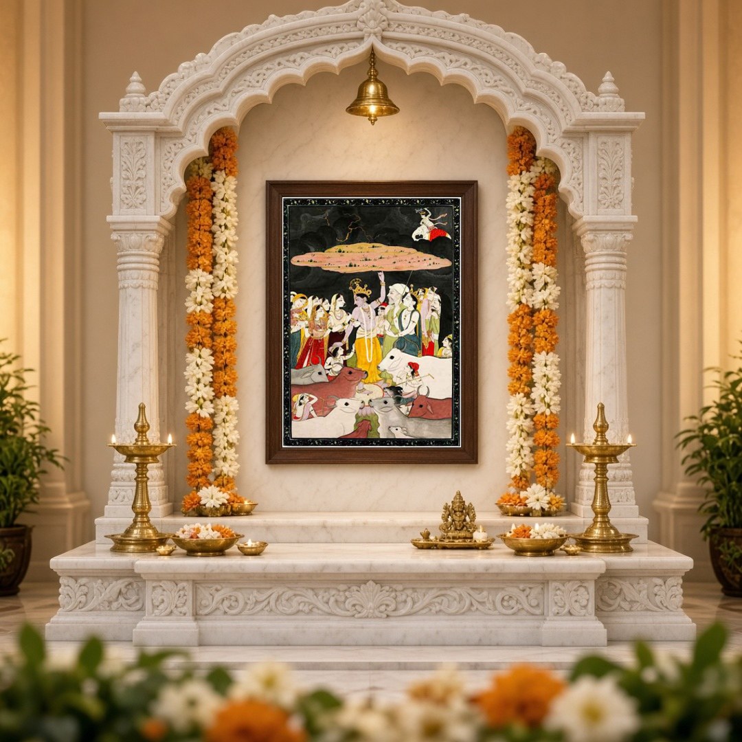 Immerse in the divine narrative of Krishna offering protection, as beautifully captured in this for Home Temple