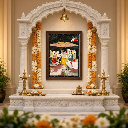Immerse in the divine narrative of Krishna offering protection, as beautifully captured in this for Home Temple