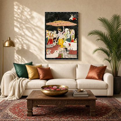 Immerse in the divine narrative of Krishna offering protection, as beautifully captured in this for Living Room