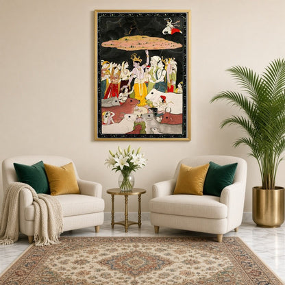 Immerse in the divine narrative of Krishna offering protection, as beautifully captured in this for Sitting Lounge