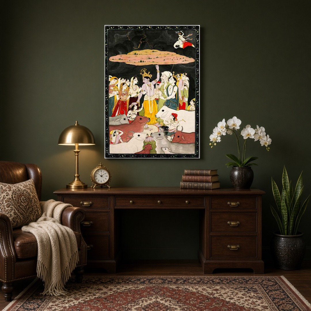 Immerse in the divine narrative of Krishna offering protection, as beautifully captured in this for Study