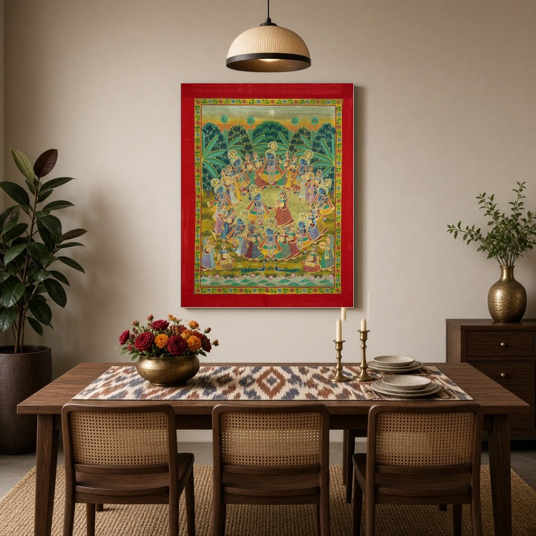 Experience the divine dance of Krishna and Radha with the Gopis in this enchanting Pichwai artwork. for Dining